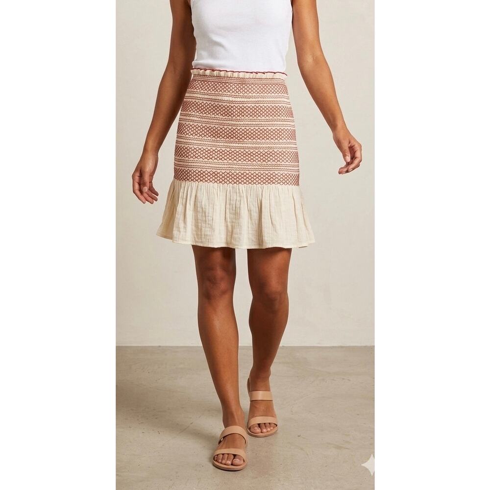 Mes Demoiselles Paris Thelma Mini Skirt Size XS Cream Red Smocked Ruffle Boho